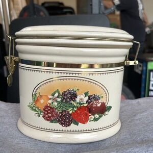Vintage Knotts Berry Farm Foods Ceramic Canister w/ Metal Clamp Lid Fruit Motif